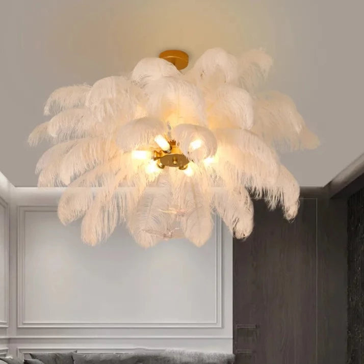 Suspension en plumes blanches pendantes style art déco vintage, éclairage chaleureux pour intérieur élégant. Ampoules LED incluses.