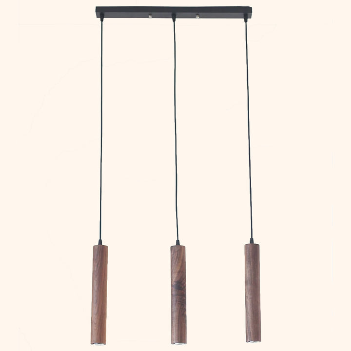 C'est une suspension en bois de noyer marron foncé. C'est une suspension avec trois cylindres minimalistes de style scandinave.