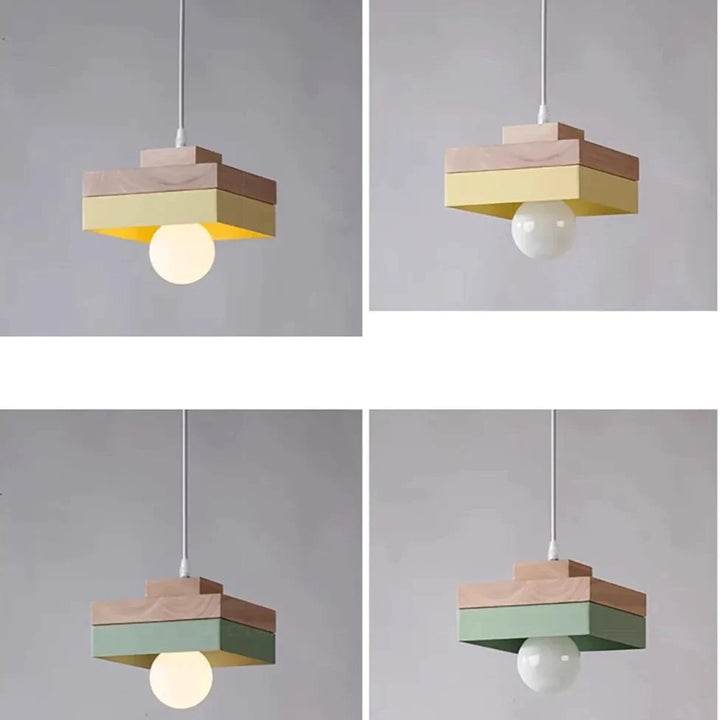 Suspension bois carré bicolore design scandinave avec éclairage LED. Parfait pour un éclairage d'ambiance dans un salon ou une chambre. Ampoule incluse.
