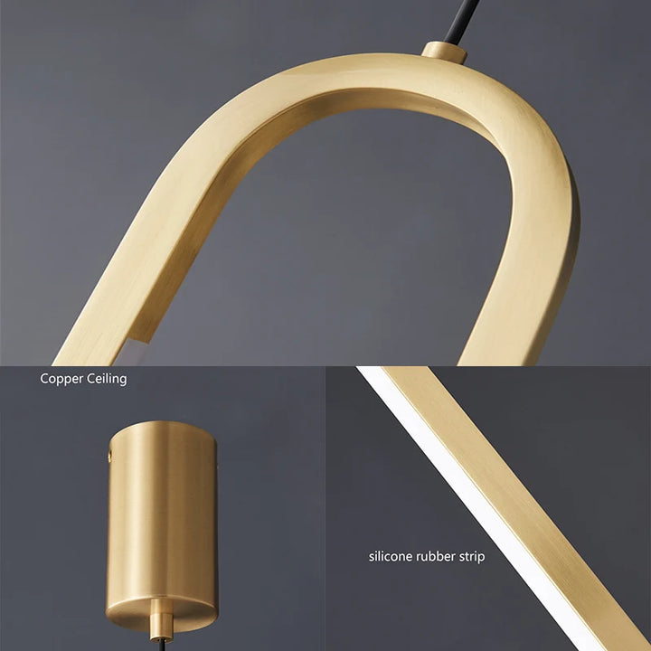 Suspension en cuivre doré forme U inversé, style moderne, éclairage ajustable à trois nuances, idéal pour salon ou chambre. Ampoule LED incluse.