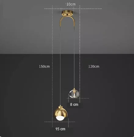 Diagramme d'un luminaire moderne en cristal avec double suspension LED, représenté sur fond noir. Correspond parfaitement à l'esthétique de LampeSuspension.com.