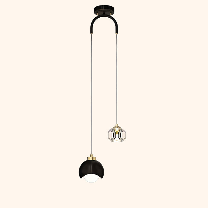 Suspension LED double moderne cristal boule, élégante chandelier noir et or avec sphère en verre clair. Inspirant la lumière et le style pour toutes les pièces de la maison.