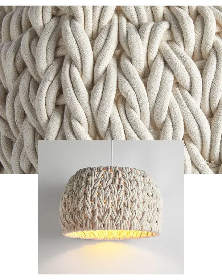 Suspension cloche en corde tressée design scandinave avec abat-jour tricoté blanc et câble ajustable blanc. Taille 40x24 cm, ampoule E27 incluse. Parfaite pour chambre, cuisine, salon. Lumière chaleureuse et design texturé.