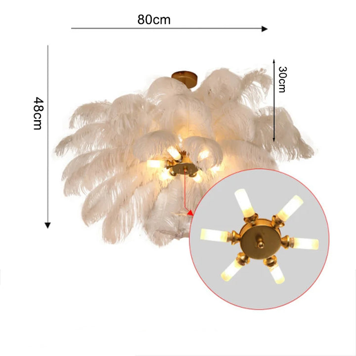 Suspension en plumes blanches pendantes style art déco vintage, éclairage délicat et chaleureux pour une ambiance raffinée. Ampoules LED incluses. Tailles disponibles : 70x48 cm, 80x48 cm. Idéale pour salon ou chambre.