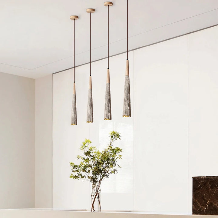 Suspension ciment rainurée allongée bois bohème, éclairage chaleureux pour intérieur bohème. Parfait pour chambre, salon, cuisine. Ampoule non incluse. Taille : 7x42 cm.