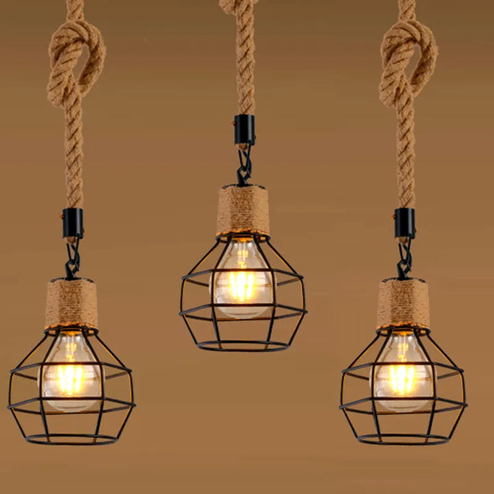 Suspension géométrique avec corde de chanvre pour un design industriel. Idéale pour un salon ou une cuisine scandinave ou industrielle.