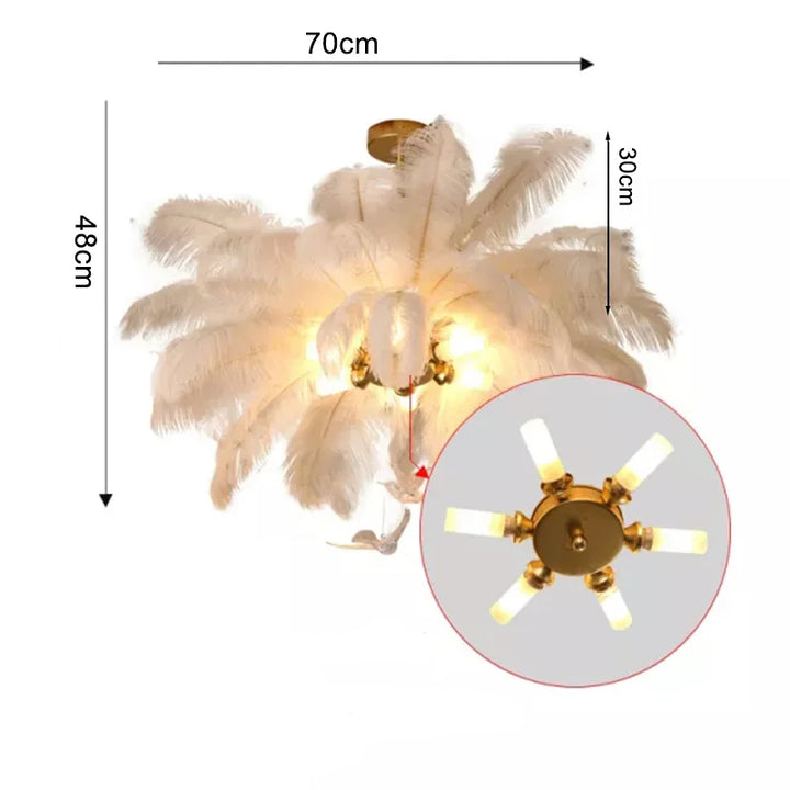 Suspension en plumes blanches pendantes style art déco vintage avec éclairage LED G9. Élégance de l'Art Déco et charme du vintage pour une atmosphère chaleureuse et raffinée dans votre intérieur. Tailles disponibles : 70x48 cm, 80x48 cm. Ampoules incluses.