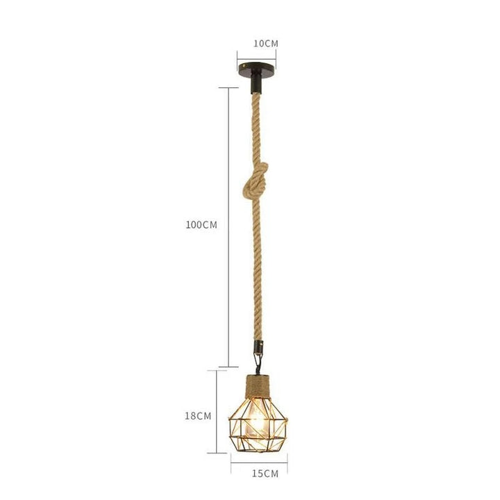 Suspension géométrique avec corde de chanvre et ampoule dans une cage, style industriel et scandinave, idéale pour salon ou cuisine.