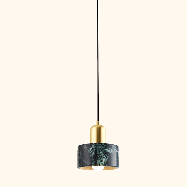 Suspension cloche cylindrique marbre et cuivre doré, luminaire vintage art déco avec abat-jour en marbre et cuivre doré poli.