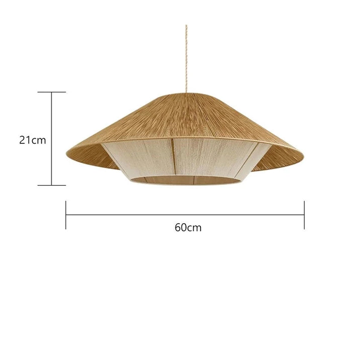 Suspension en corde de chanvre double forme design bohème, luminaire avec abat-jour conique et panneau en bois. Parfaite pour éclairer votre espace de vie avec une lumière douce et apaisante. Ampoule LED incluse. Dimensions : 50x21 cm, 60x21 cm.