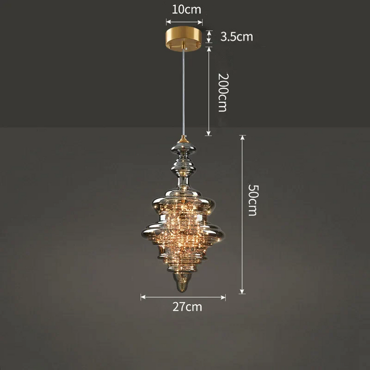 Suspension en verre filaments minis leds style royal, éclairage de luxe pour salon, entrée ou cuisine. Design art déco avec verre fumé et filament orné de minis leds. Dimensions: 20x32 cm. Ampoule incluse. LampeSuspension.com.