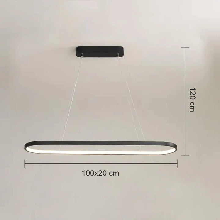 Suspension métal anneau ovale design moderne avec éclairage LED intégré, disponible en différentes tailles. Parfait pour un éclairage d'ambiance dans un salon ou une cuisine.