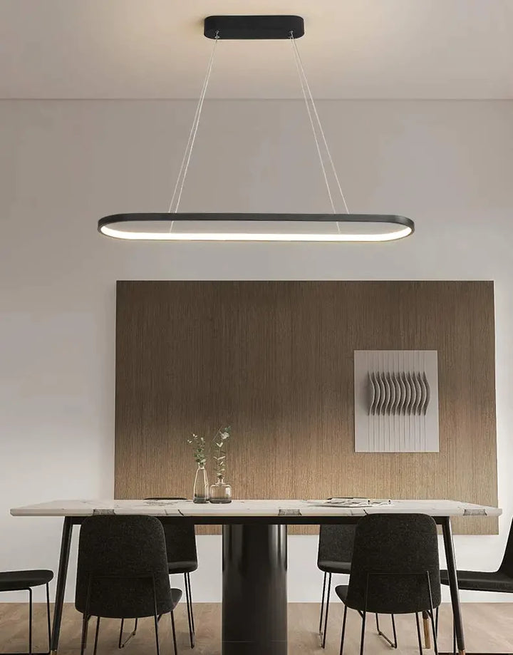 Une salle avec une table et des chaises, une suspension métal anneau ovale design moderne suspendue au plafond. Le cadre ovale distinct en noir élégant ou en blanc pur apporte une touche contemporaine à toute pièce. Disponible en différentes tailles, cette suspension métallique s'intègre harmonieusement au-dessus de votre espace de vie ou de travail. Idéale pour un éclairage d'ambiance ou un point focal saisissant dans un salon ou une cuisine.