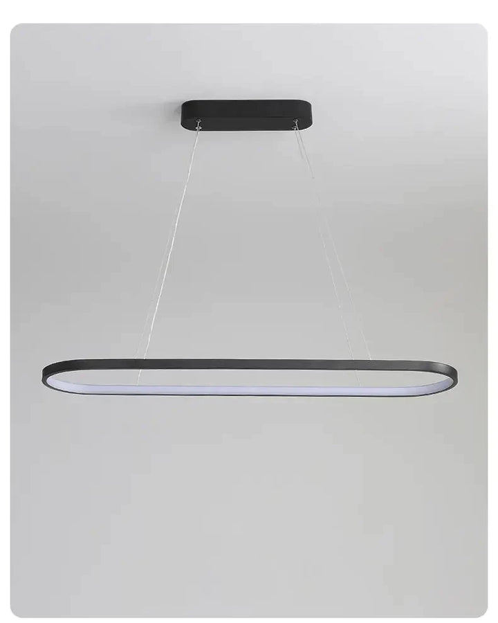 Suspension métal anneau ovale design moderne, éclairage LED intégré, noir élégant ou blanc pur, différentes tailles disponibles, idéale pour salon ou cuisine.