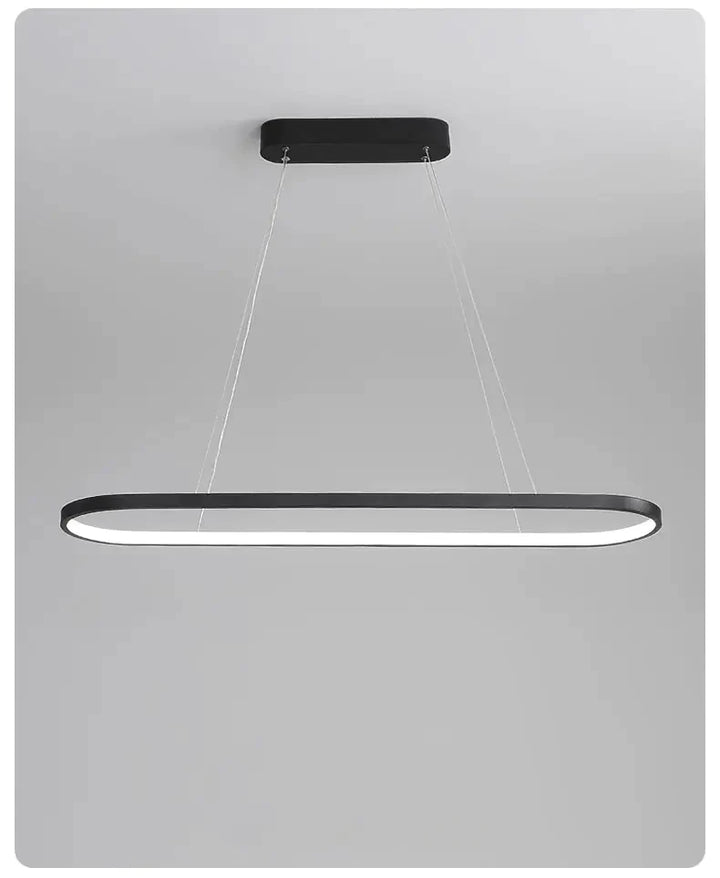 Suspension métal anneau ovale design moderne, éclairage LED intégré, noir élégant ou blanc pur, tailles disponibles, idéale pour salon ou cuisine.