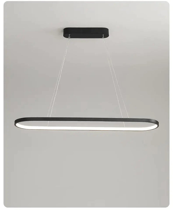 Suspension métal anneau ovale design moderne, éclairage LED intégré, noir élégant ou blanc pur, différentes tailles disponibles. Parfait pour un éclairage d'ambiance dans un salon ou une cuisine.