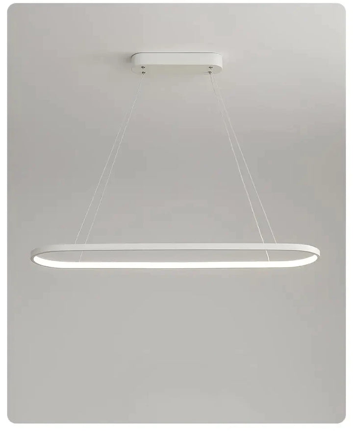 Suspension métal anneau ovale design moderne, éclairage LED intégré, blanc chaud ou froid, idéal pour salon ou cuisine. Tailles disponibles: 60x20 cm, 80x20 cm, 100x20 cm, 120x20 cm. Ampoule incluse.