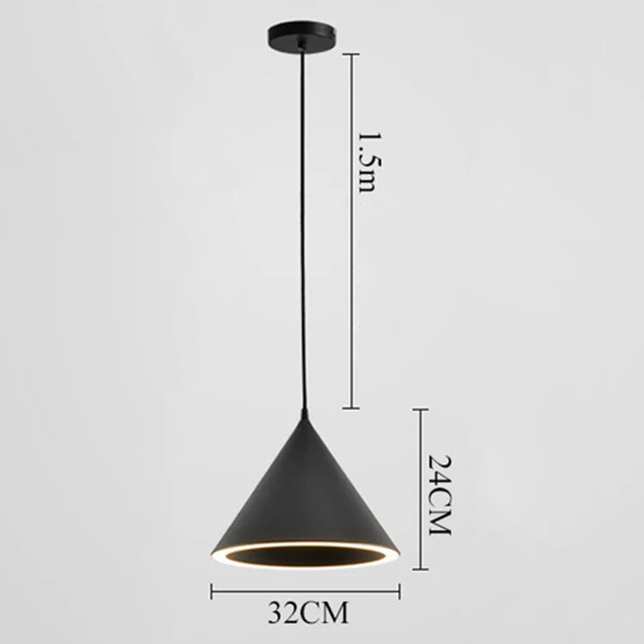 Suspension métal cône avec éclairage LED intégré, style scandinave. Parfait pour salon, cuisine ou couloir. Ampoule incluse. Dimensions: 23 cm, 32 cm.