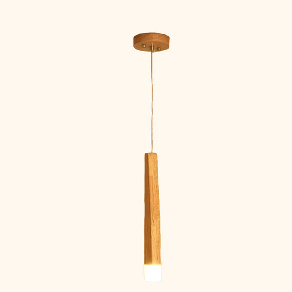 C'est une suspension en bois avec 1 torche suspendue au bout duquel est attaché un cube lumineux. Le style est scandinave.